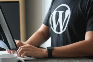 Esque Creative Freelance Writing Portfolio: Guy at computer wearing a WordPress t-shirt