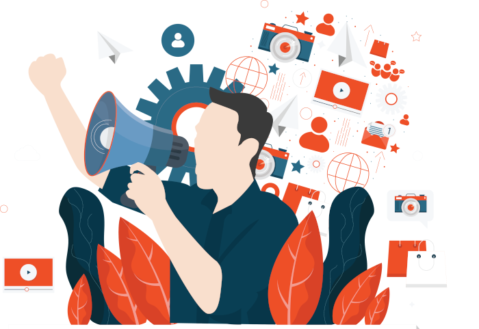 Content marketing vector. Guy holding a bullhorn with content types in background