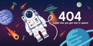 The concept of 404 error web page with austronaut in the open space between different palnets, comets, stars and space ships. Very good idea. Perfect for sites under constructions. Vector. Flat.