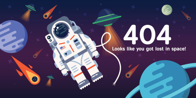 The concept of 404 error web page with austronaut in the open space between different palnets, comets, stars and space ships. Very good idea. Perfect for sites under constructions. Vector. Flat.